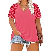 ForHailey Plus Size Tops for Women Tunic Tops Plus Size Shirts Summer Short Sleeve Raglan V Neck Casual Patchwork Heart Print Tee Pink XX-Large