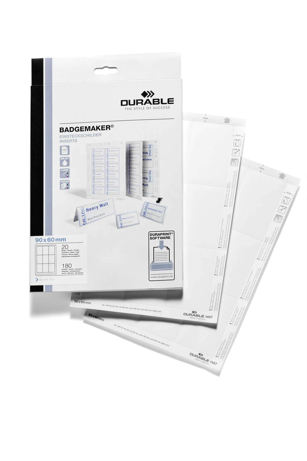 Durable BADGEMAKER Inserts 90 x 60mm - Pack of 180 Inserts - Printable Name Badge Inserts - Create Professional Badges In Minutes