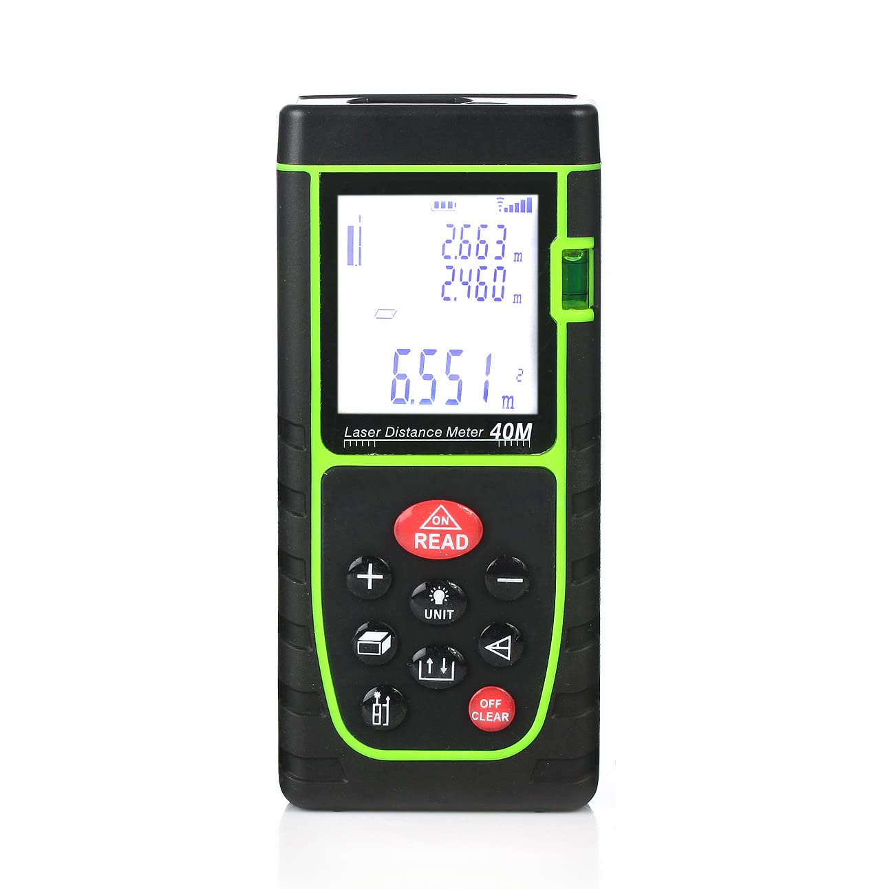 BOWONG Laser Distance Meter 40m, Portable Handle Digital Measure Tool Range Finder with Bubble Level and Large Backlit LCD 4 Line Display(40m/131ft)