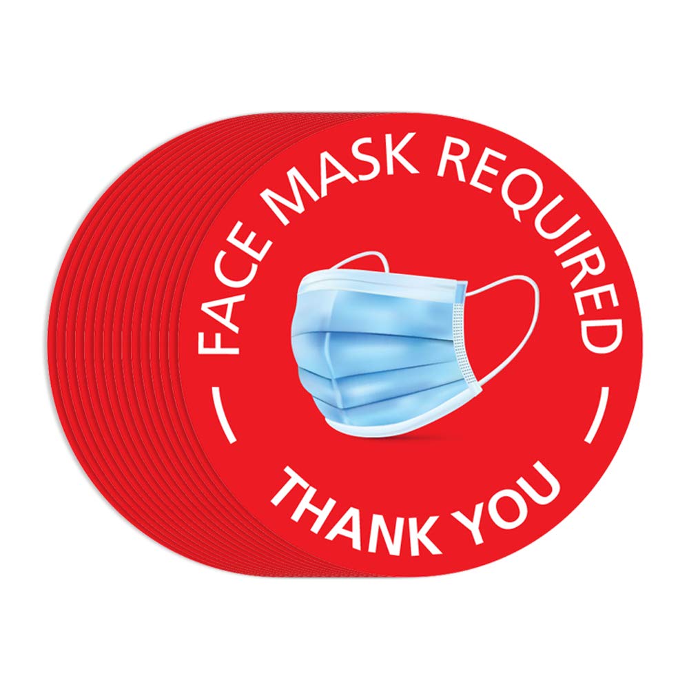 IGNIXIA (Pack of 15) Face Mask Required Sign Decals 7.5 x 7.5 inches Round Must Wear Face Mask Signage Red Mask Required Decals