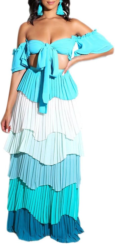 Adogirl Womens Sexy 2 Piece Outfit Crop Tube Top Layer Ruffle Maxi Dress