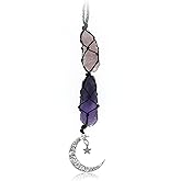 BOHO GARDEN Crystal Hanging Car Charm - Purple Rear View Mirror Hanging Car Accessories for Women, Moon Decor Hanging Ornament, Witchy Gifts and Healing Stones - Rose Quartz & Amethyst