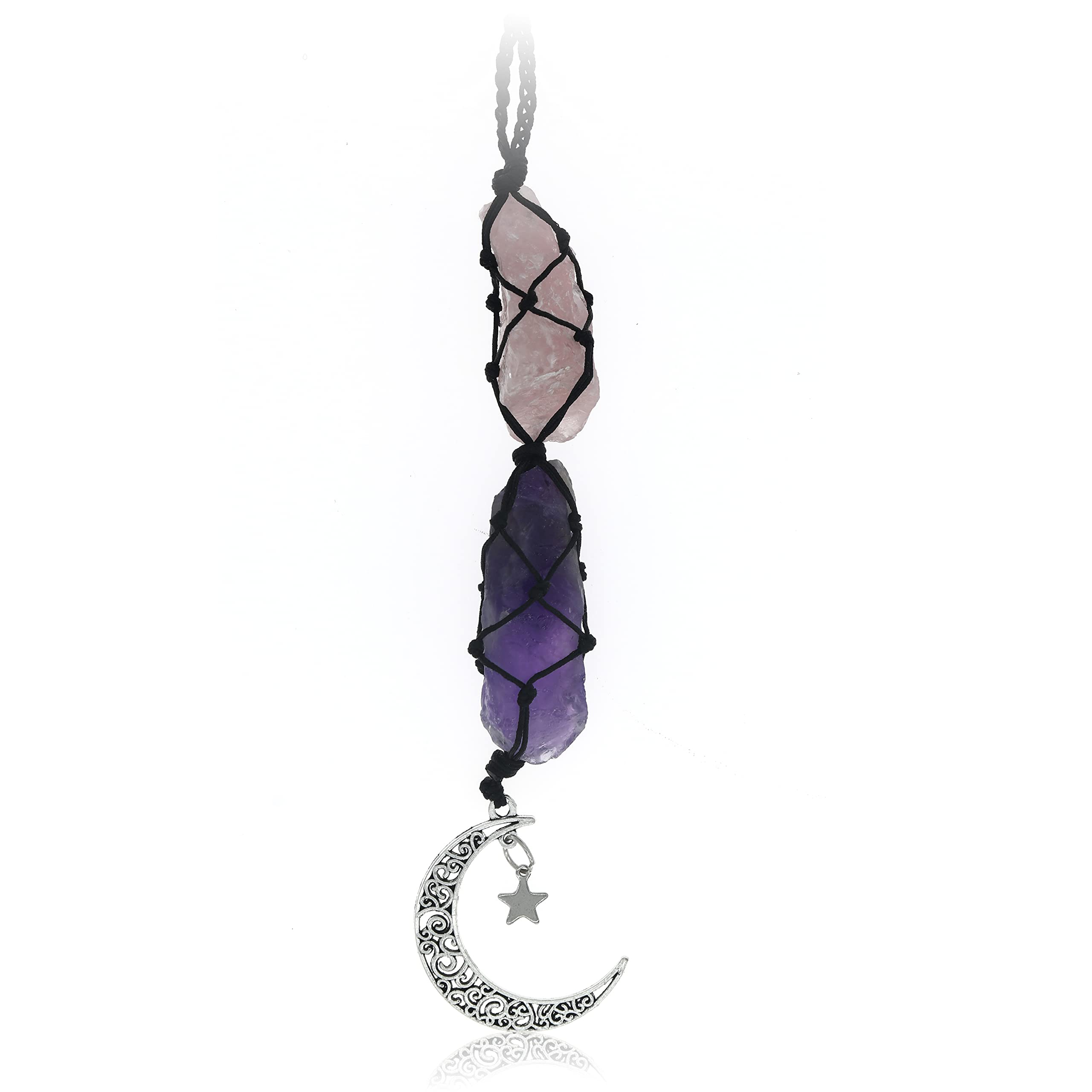 Photo 1 of BOHO GARDEN Crystal Hanging Car Charm - Purple Rear View Mirror Hanging Car Accessories for Women, Moon Decor Hanging Ornament, Witchy Gifts and Healing Stones - Rose Quartz & Amethyst