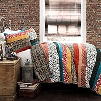 Lush Decor Boho Stripe Quilt Reversible 3 Piece Bohemian Design Bedding Set - King - Turquoise and Tangerine