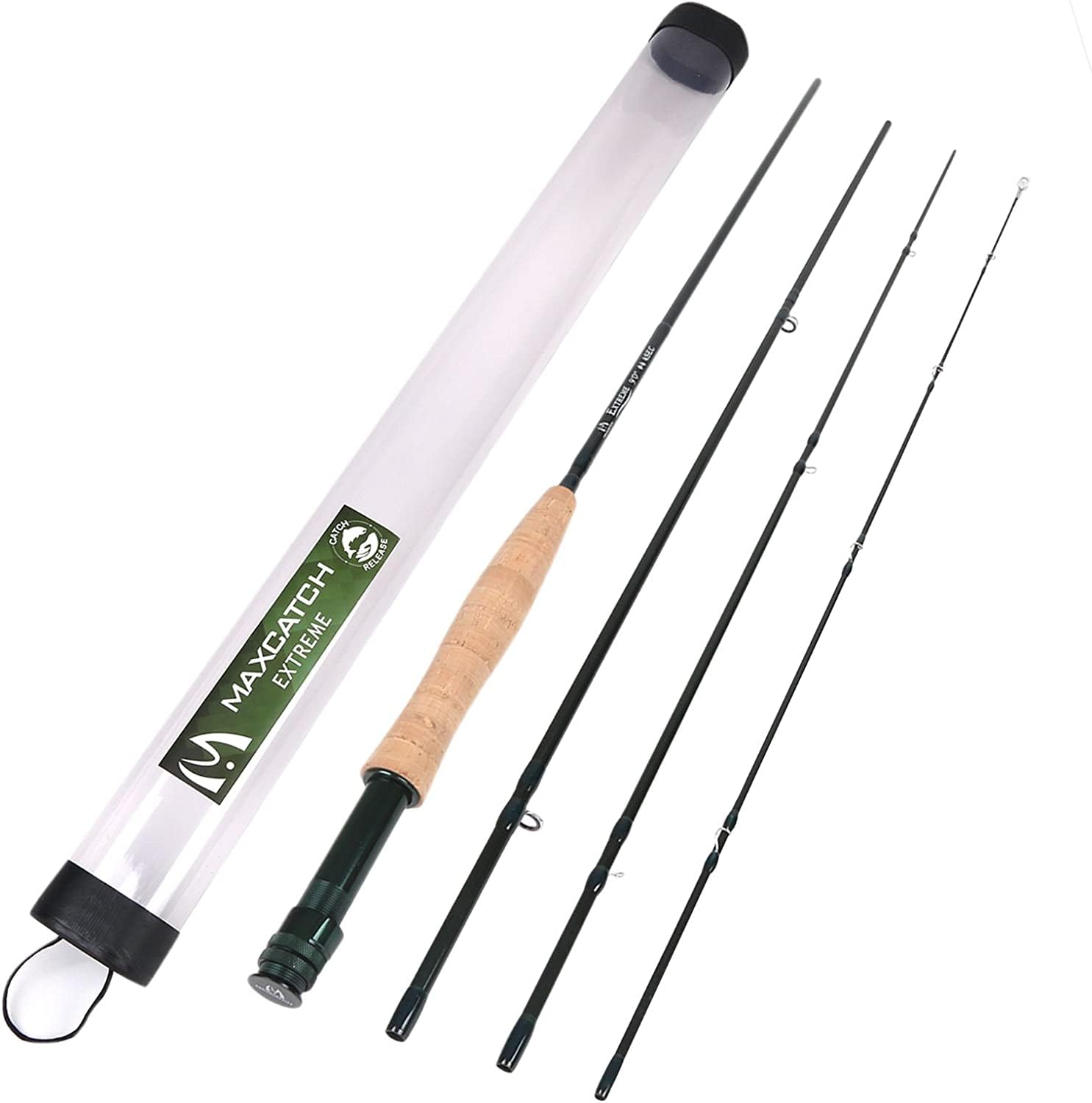 MAXIMUMCATCH Maxcatch Extreme Graphite Fly Fishing Rod 4-Piece 9 Feet with IM6 Carbon Blank, Hard Chromed Guides, A Cork Grip (Size:3/4/5/6/7/8/10wt) (9'6'' 5weight 4sec)