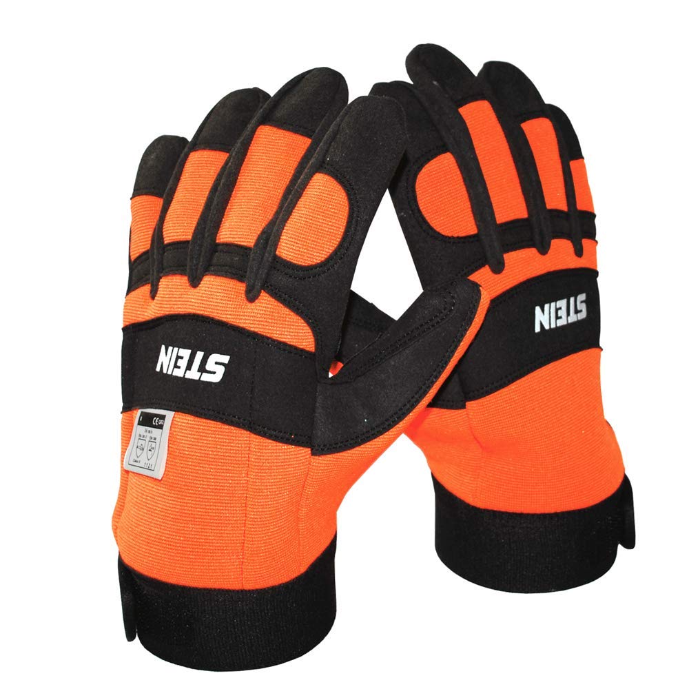 Stein Chainsaw Protective Gloves Class 0 Size 9, EN 381-7 Left-Hand Saw Protection Leather Forestry PPE, Orange / Black