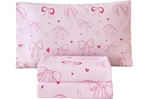 WINLIFE Pink Bow Kids Sheet Set Twin Size, 3 Pcs Girls Pink Bowknot Heart Dots Printed Bed Sheets, Soft Microfiber Deep Pocket Kids Bedding