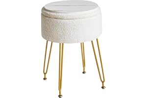 IBUYKE Teddy Velvet Storage Footrest Stool Ottoman, Makeup Vanity Stool Side Table with Removable Cover, Golden Steel Legs, Coffee Table Top Cover, White WBD010W