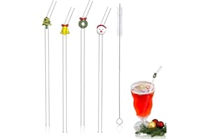BOOZYER 4 Pcs Reusable Glass Straws with Cleaner Brush, Cute Bent Glass Straws with Christmas Design for Juices, Smoothies, Milkshakes, Teas