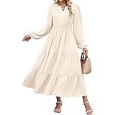 ZAFUL Womens Fall 2025 Casual Midi Maxi Dresses Long Sleeve V Neck Elastic High Waist Tiered Flowy Boho Party Dresse Pockets Beige Medium