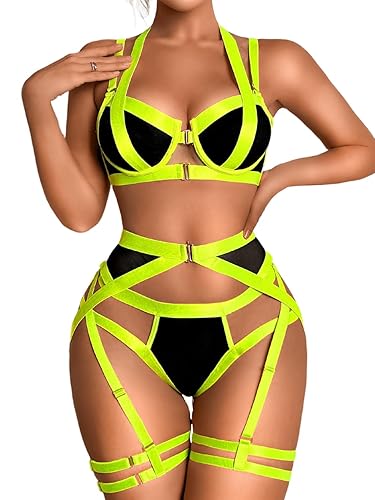 Kaei&Shi Sexy Lingerie For Women Garter Belt Thong,Strappy Underwire Exotic  Bondage Bdsm Dominatrice Dominatrix 4 Piece Set Black Mesh Neon Green Large  in Dubai - UAE