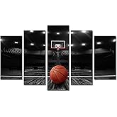 Derkymo 5 Pieces Basketball Court Pictures for Bedroom Black and White Canvas Wall Art Sports Painting Prints Artwork for Living Room Boys Room Stretched and Framed Ready to Hang 24"x40"(5 Pieces)