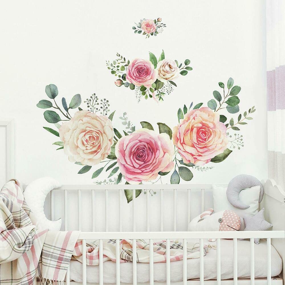RoomMates Roses Peel and Stick Giant Wall Decals | Pink and Green Wall Stickers