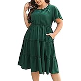Nemidor Womens Casual Plus Size Short Sleeve Layered Swing Summer Midi Dress with Pocket NEM527