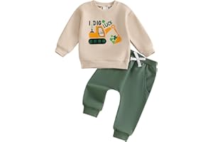 kacubwyy Toddler Boys Irish Outfits Digging Machine Funny Printed Sweatshirt Solid Green Pants St Patricks Day Clothes Set