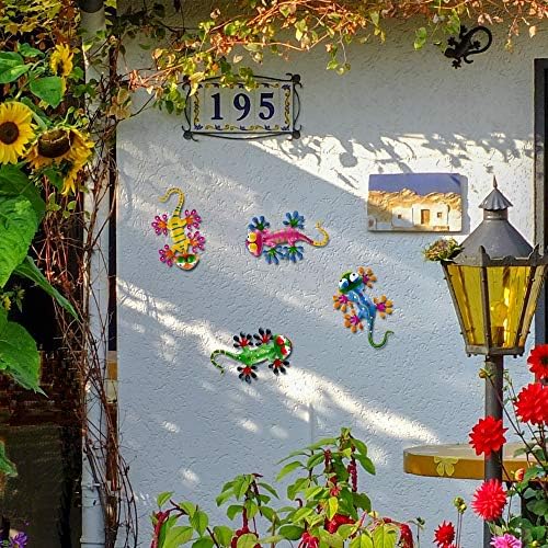 Colorful gecko metal wall art for garden or backyard decor.