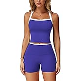 PQBPQB Women 2 Piece Workout Sets Padded Criss Cross Back Crop Tank High Waist Tummy Control Shorts Yoga Outfits