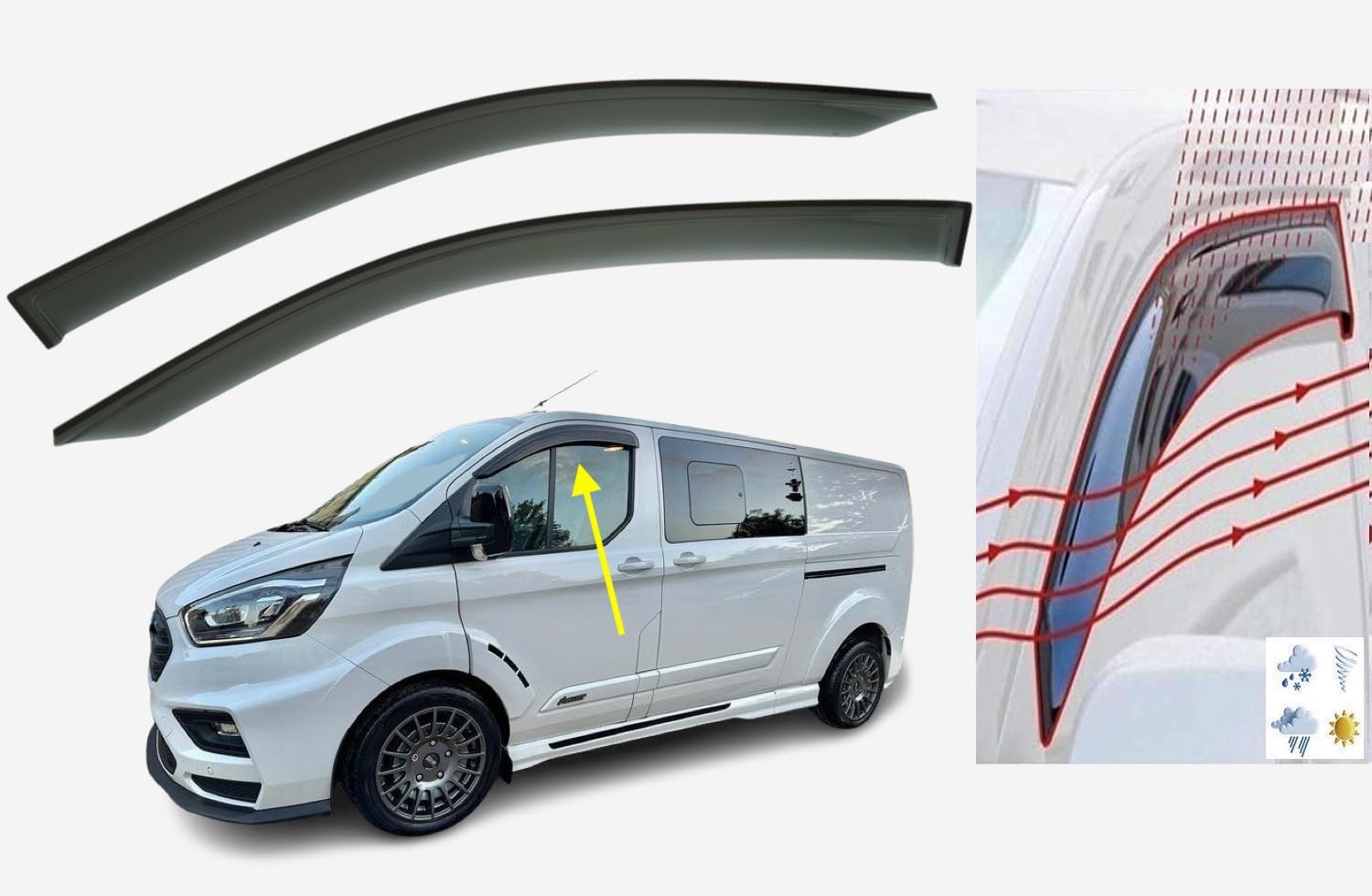 Set of 2 Wind Deflectors TAPE-ON Type Compatible with FORD TRANSIT CUSTOM 2012 to 2023 Models Side Visors Window Deflectors for Ford Tourneo Custom