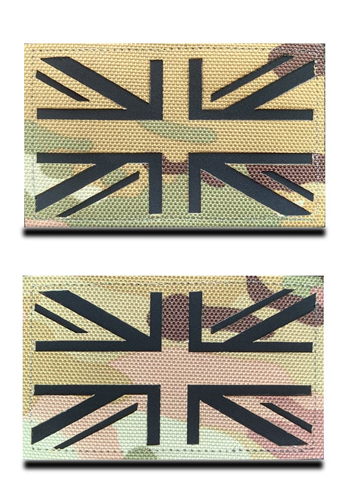 2 Pcs Reflective IR United Kingdom British Union Embroidered Emblem Patches UK Great Britain Hook and Loop Fasteners Laser Cut Military Combat Paintball Badge Armband Emblem Morale Applique