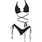 MEOWCOS Gothic Bat Style Black Two-Piece Swimsuit Halter Lace-up Top and Low Waist Triangle Bottom Bathing Suit