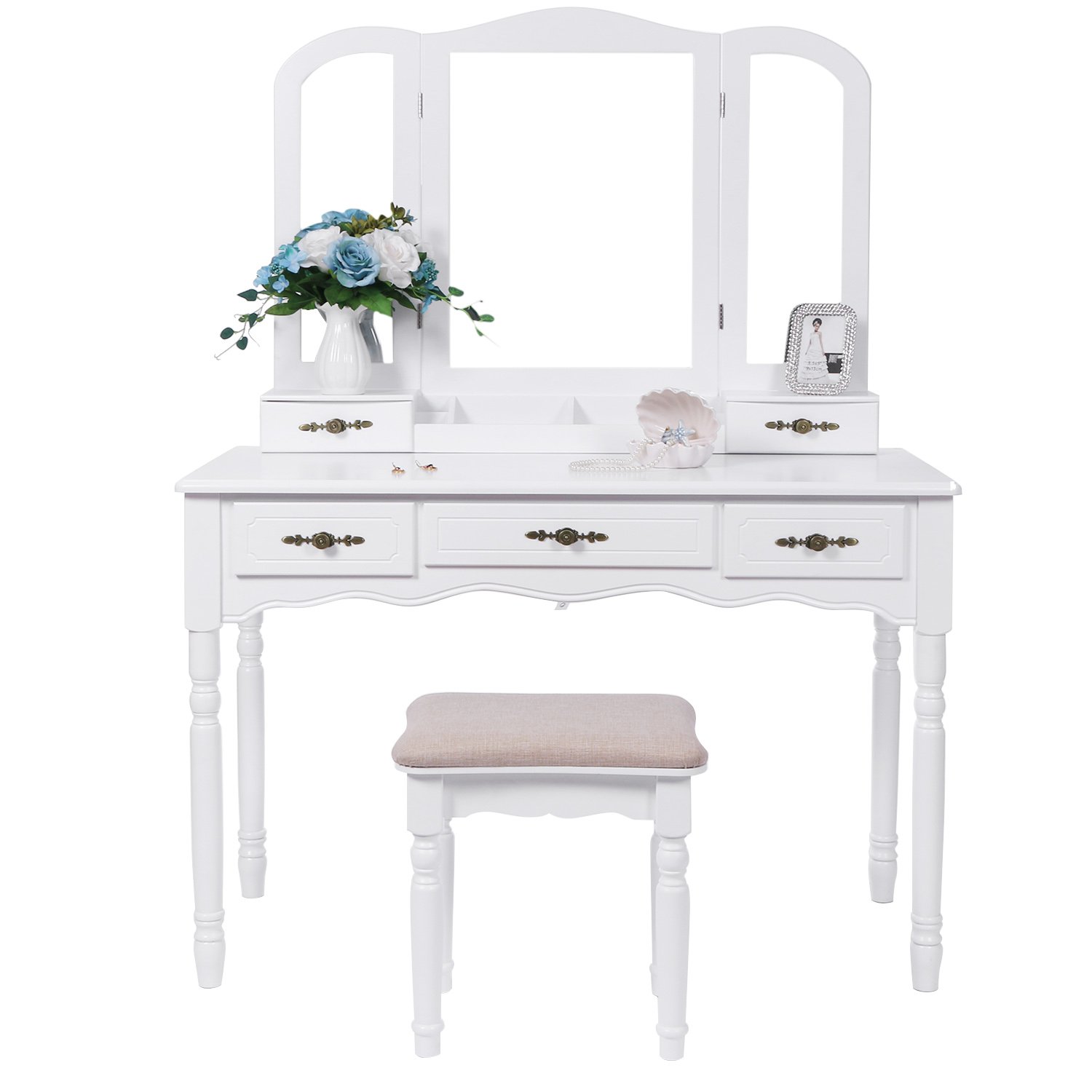 BEWISHOME Vanity Makeup Table Set 5 Drawers Desk Organizer ...