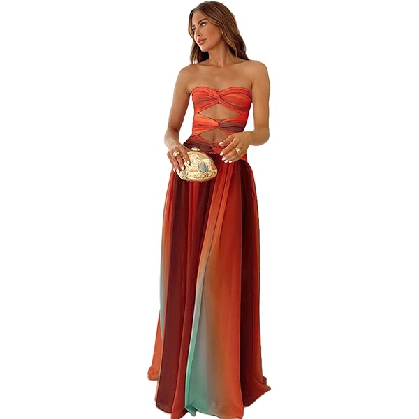 Seyumixi Women Tie Dye Maxi Dress Strapless Gradient Hollow Out Long Dress  Summer Off Shoulder Flowy Elegant Dresses(Orange,M) at Amazon Women's  Clothing store