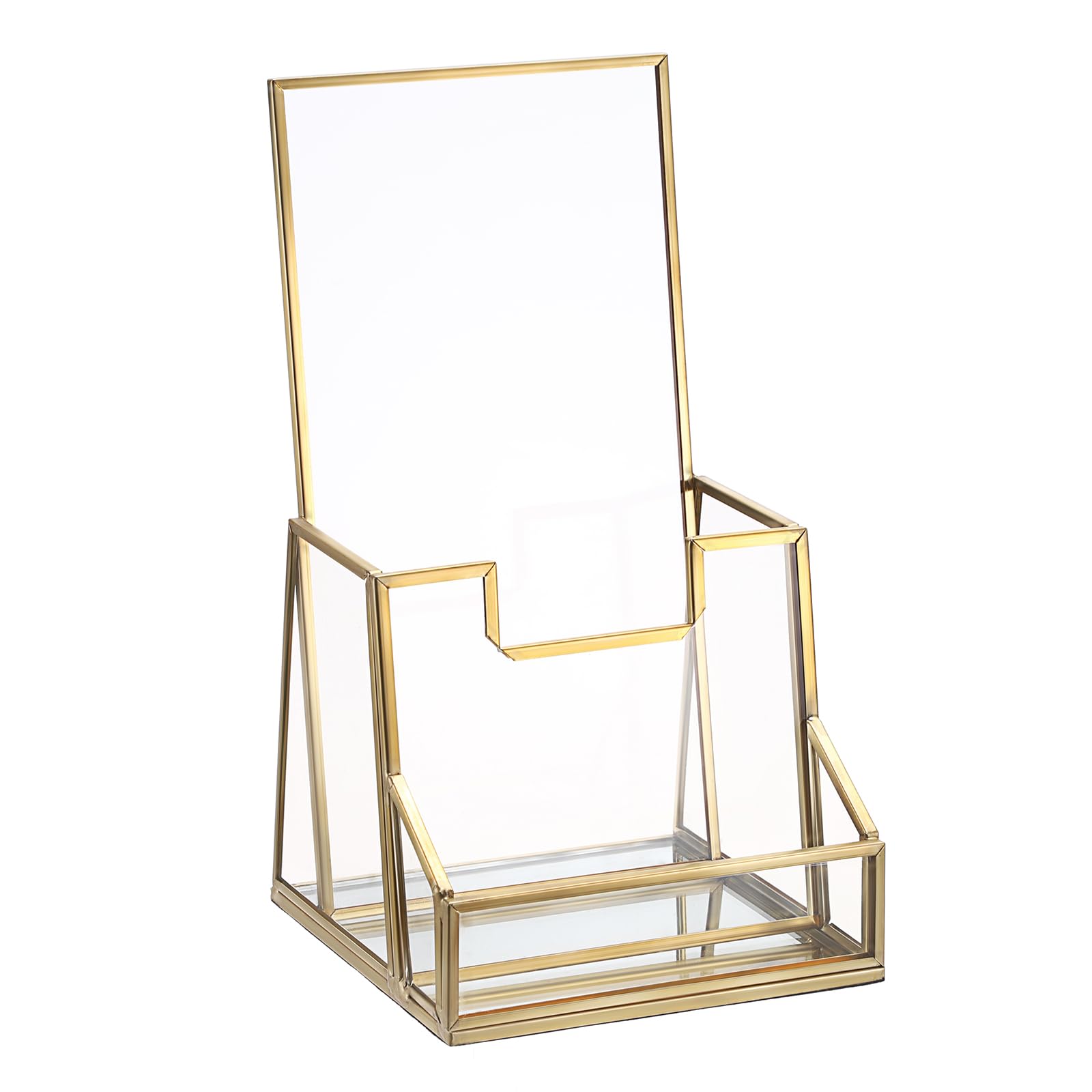 SUMTree Gold Metal Glass Brochure Stand with Business Card Holder, Countertop Literature Display, Pamphlets Flyers Storage, 11 * 11 * 20cm