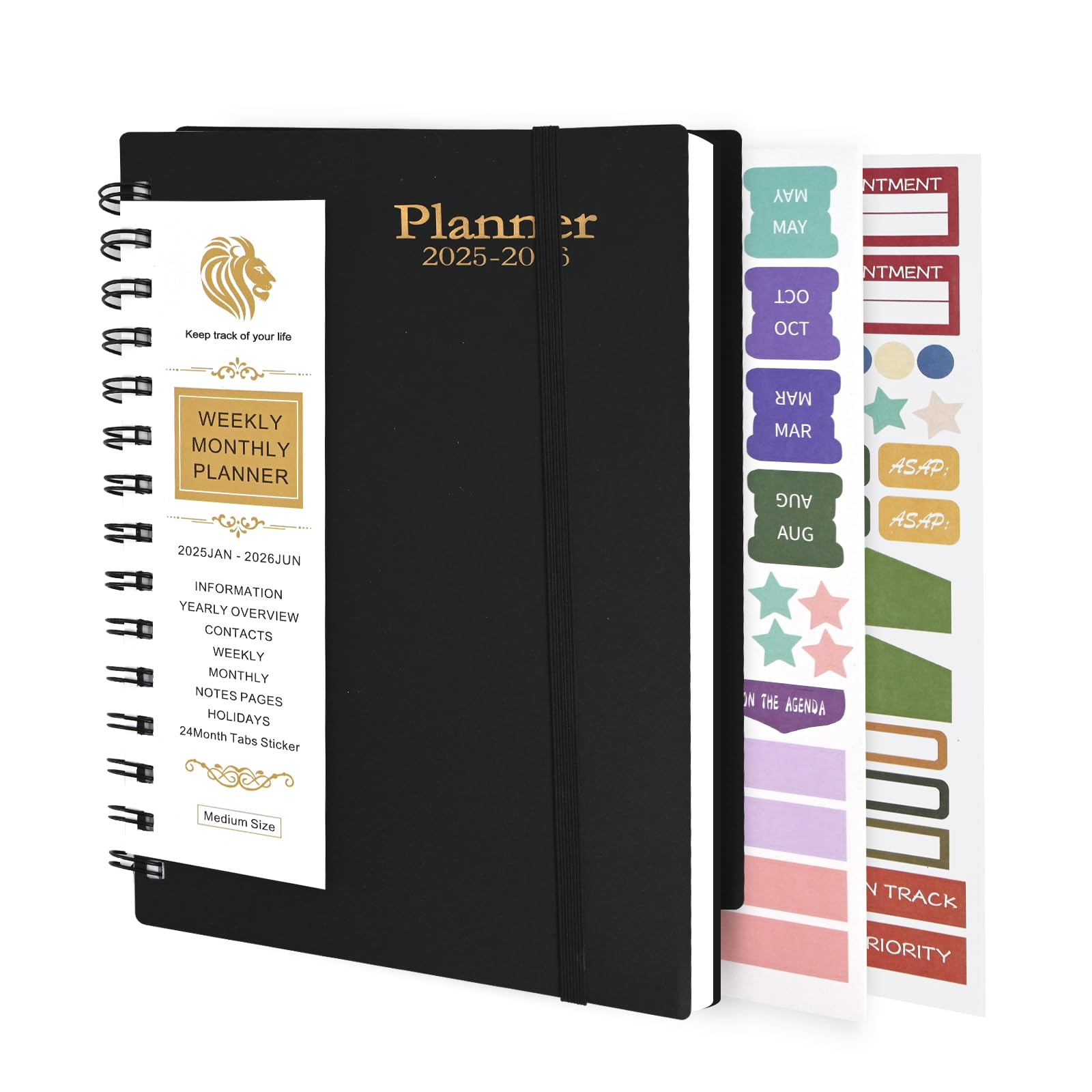 18 Month Year Diary, JAN2025-JUN2026 Weekly & Monthly Diary, A5 Spiral Bound Daily Agenda Planner, Hardcover To-Do List Journal, Productivity Week to View with 108 Stickers for Office (Black)