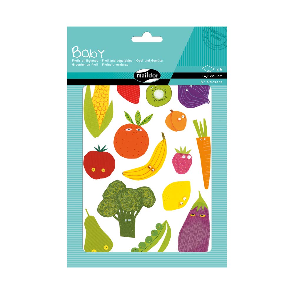 Maildor AE030O -STICKERS Baby - Pack of 6 sheets - Size: 14.8 x 21 cm - From 2 years - FRUITS AND VEGETABLES (87 stickers) - suitable for educational use
