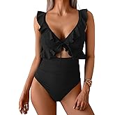 Eomenie One Piece Swimsuit for Women Tummy Control Ruffle Bathing Suit V Neck Ruched Swim Suit Slimming Cutout Swimwear
