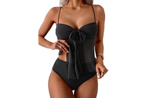 B2prity Womens Mesh Tankini Swimsuits Flowy Two Piece Bathing Suit V Neck Tie Knot Swim Top with High Waisted Bottom