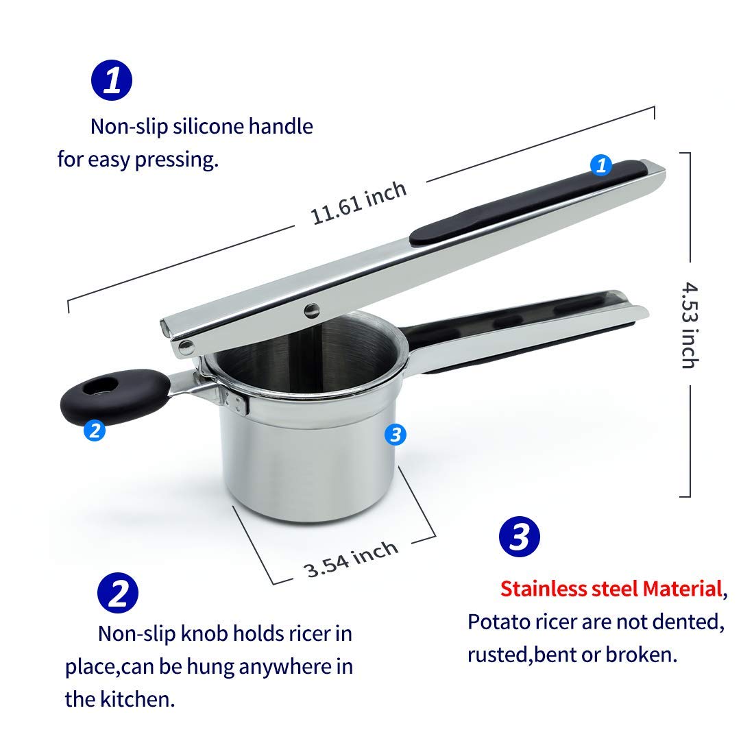Potato Ricer, Ricer For Mashed Potatoes, Potato Ricer Stainless Steel With 3 Interchangeable Fineness Discs and Potato Masher Creates Smooth Creamy Mashed Potato,Fruits,Vegetables and Baby Food.