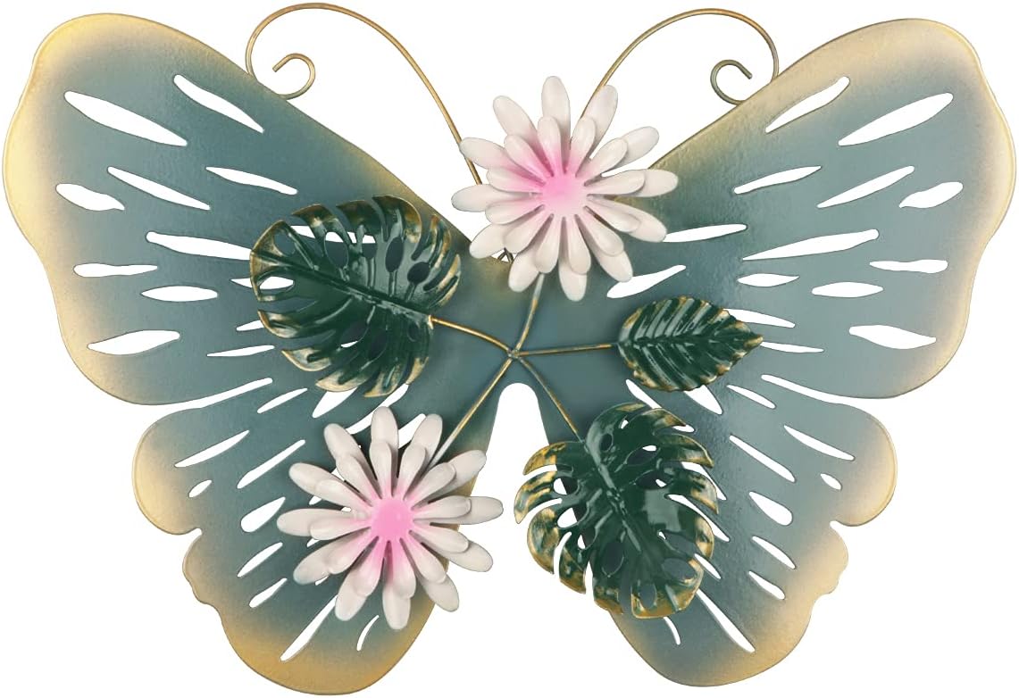 Plaques & Wall Art - Songjum Butterfly Metal Wall Art Decor with Flowers and Leaves Large Metal Butterfly for Wall Crafts Garden Living Room Outdoor Indoor (Light blue)