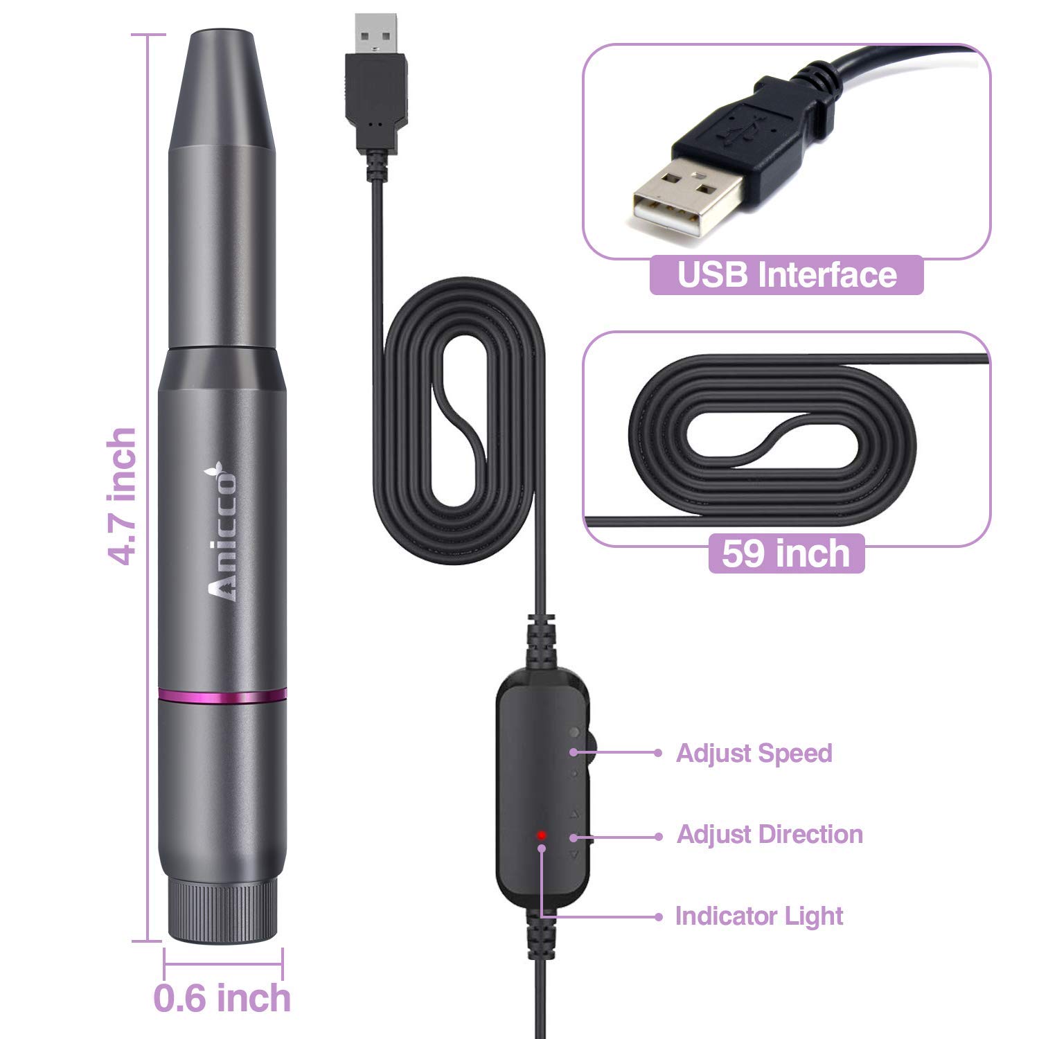 Acrylic Nail Drill Electric, Nail Drill File Portable USB Pen Manicure Pedicure Polishing 20000 RPM Adjustable Speed Gel Grinder Tools with 36Pcs Sanding Bands for Professional, Beginner: Beauty