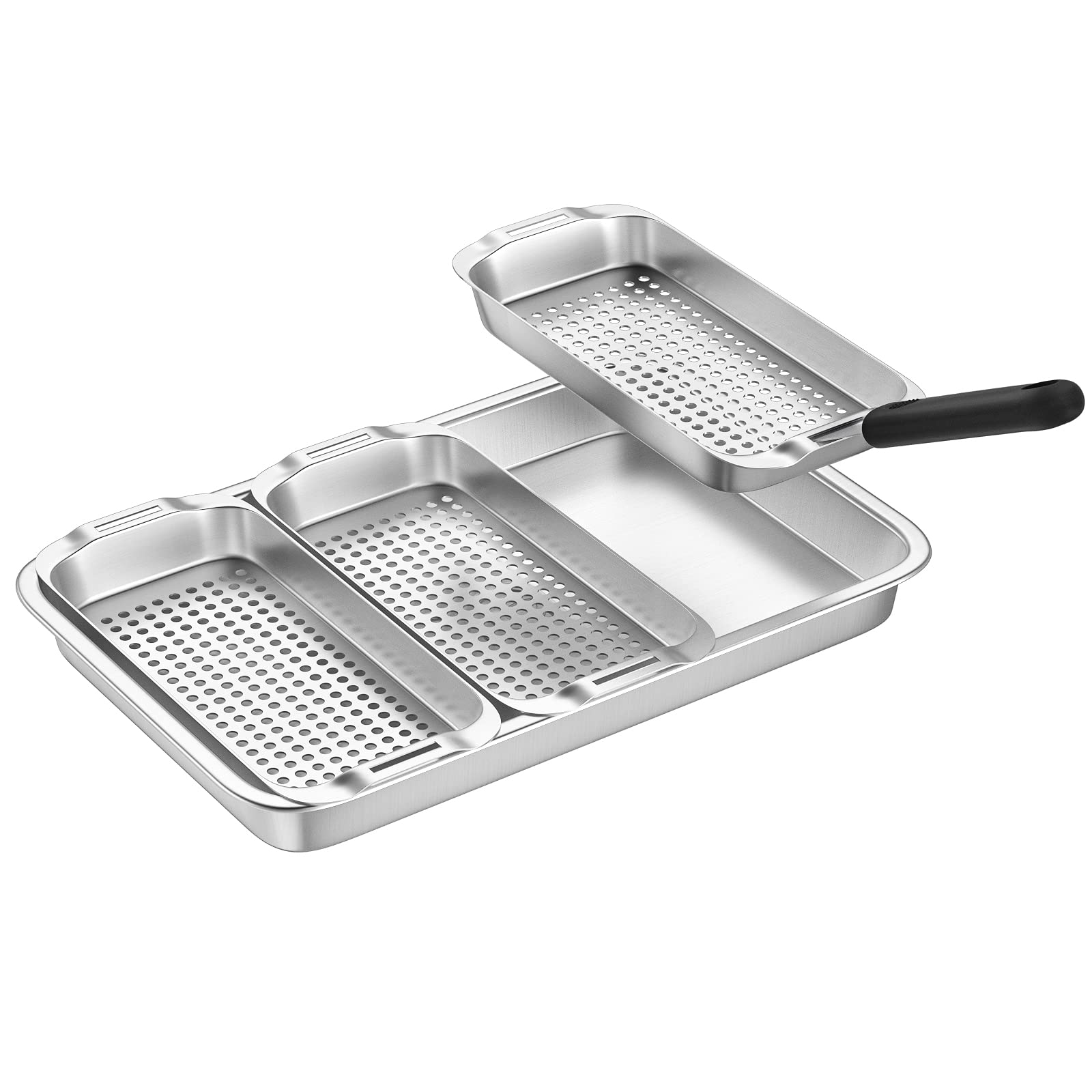 G.a HOMEFAVOR BBQ Grill Basket Set - Vegetable Barbecue Basket - Includes 3 Stainless Steel Grilling Baskets with Holes a Serving Tray & Lift Handle - For Grilling Fish Vegetables Meat