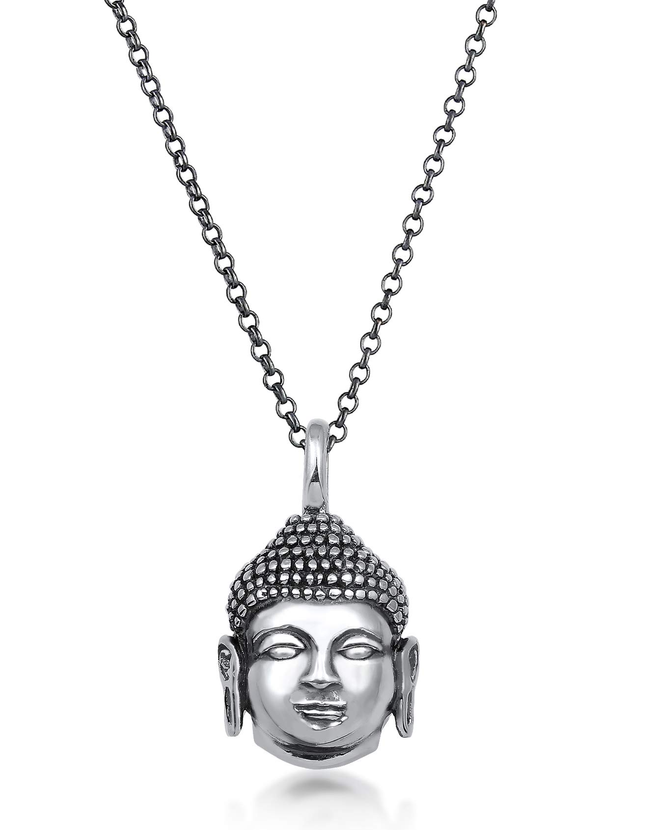 Kuzzoi Exclusive Men's Necklace Oxidised Blackened with Buddha Head Pendant (16 mm) in Vintage Look, Solid Chain for Man and Friend, Buddhist Chain Made of 925 Sterling Silver, Length 60 cm, Sterling