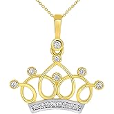 14k Yellow Gold Cubic Zirconia Studded Elegant Princess Crown Pendant Necklace