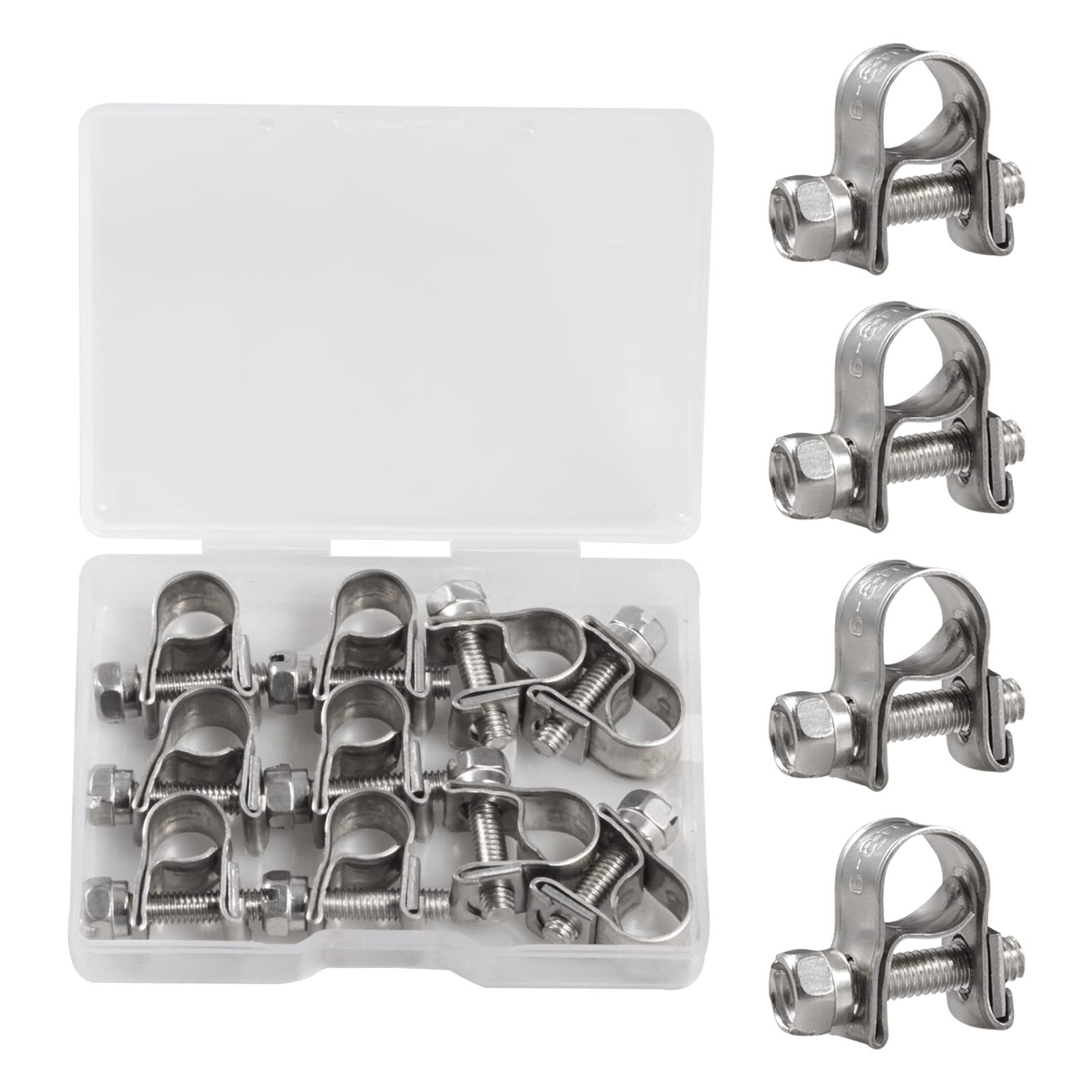 SPEEDWOX 10 Pcs Mini Fuel Injection Hose Clamps 304 Stainless Steel Adjustable Pipe Hose Clip Tube Clamps Set with Storage Box for Diesel Petrol Pipe Automotive Plumbing (6-8mm)