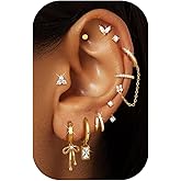 ORAZIO Small Hoop Stud Earrings Stacks for Women 14K Gold Plated Silver Huggie Hoops Cartilage Hypoallergenic Chain Cute Dangle Earrings Set for Multiple Piercings Jewelry