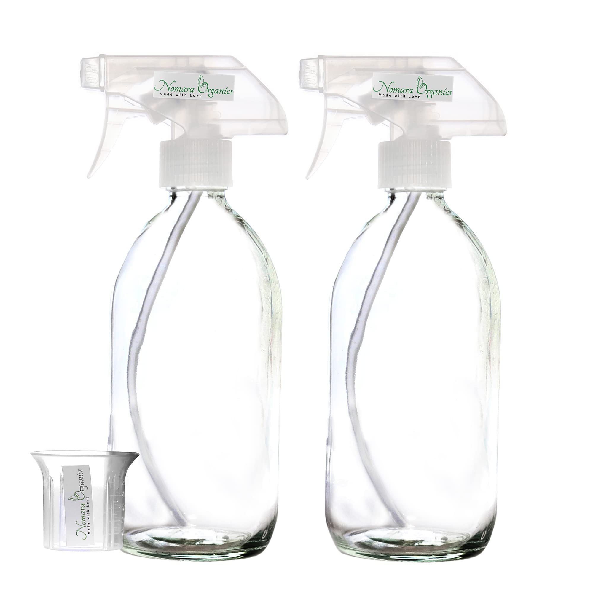 Nomara Organics Clear Glass Spray Bottles with Fine Mist Trigger Pumps, 2 Pack, 500mL. Refillable & Reusable Misting Sprayers for Cleaning Solutions, Oil and Vinegar in Kitchen or Bathroom.