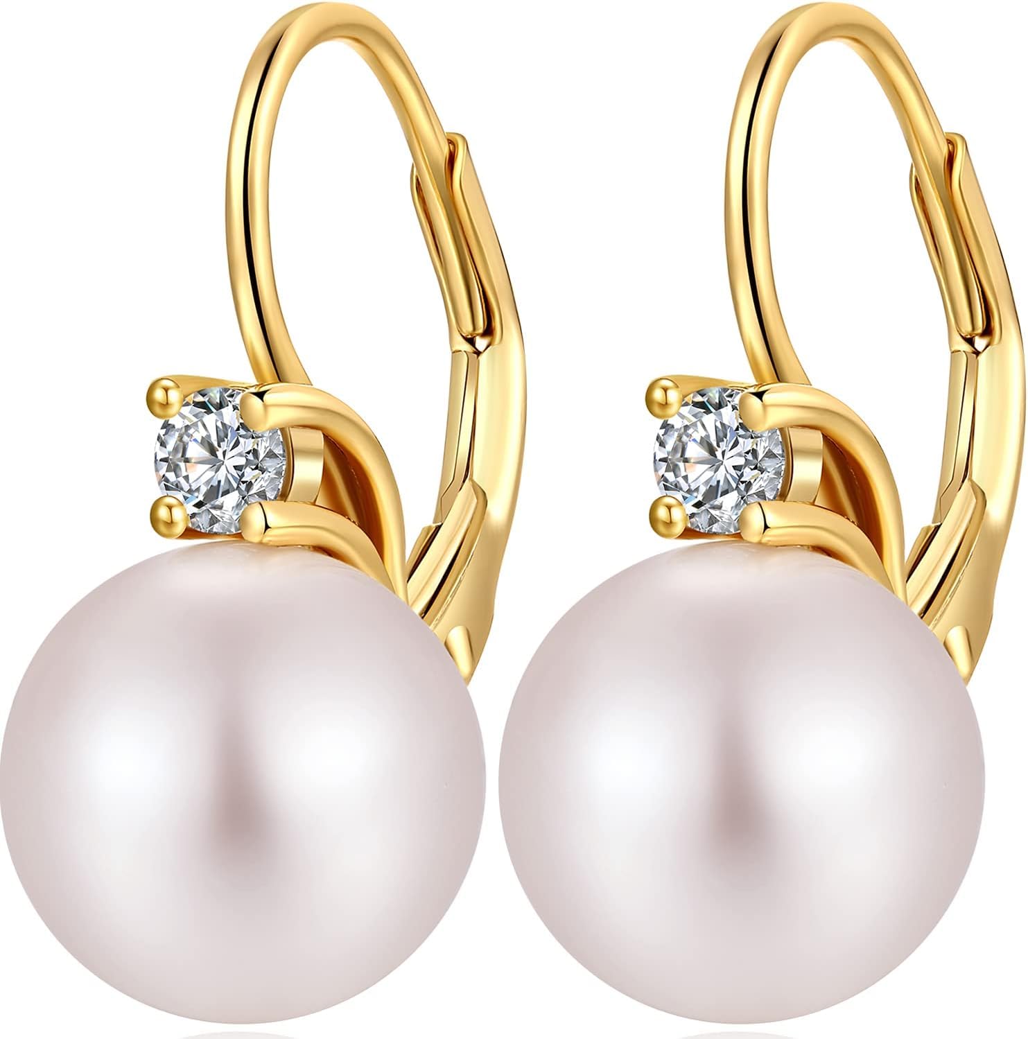 Pearl Earrings 925 Sterling Silver Pearl Drop Earrings for Women Leverback Pearls Cubic Zirconia Jewellery Gifts for Bridal Wedding White Peals 10 mm Gold Plated