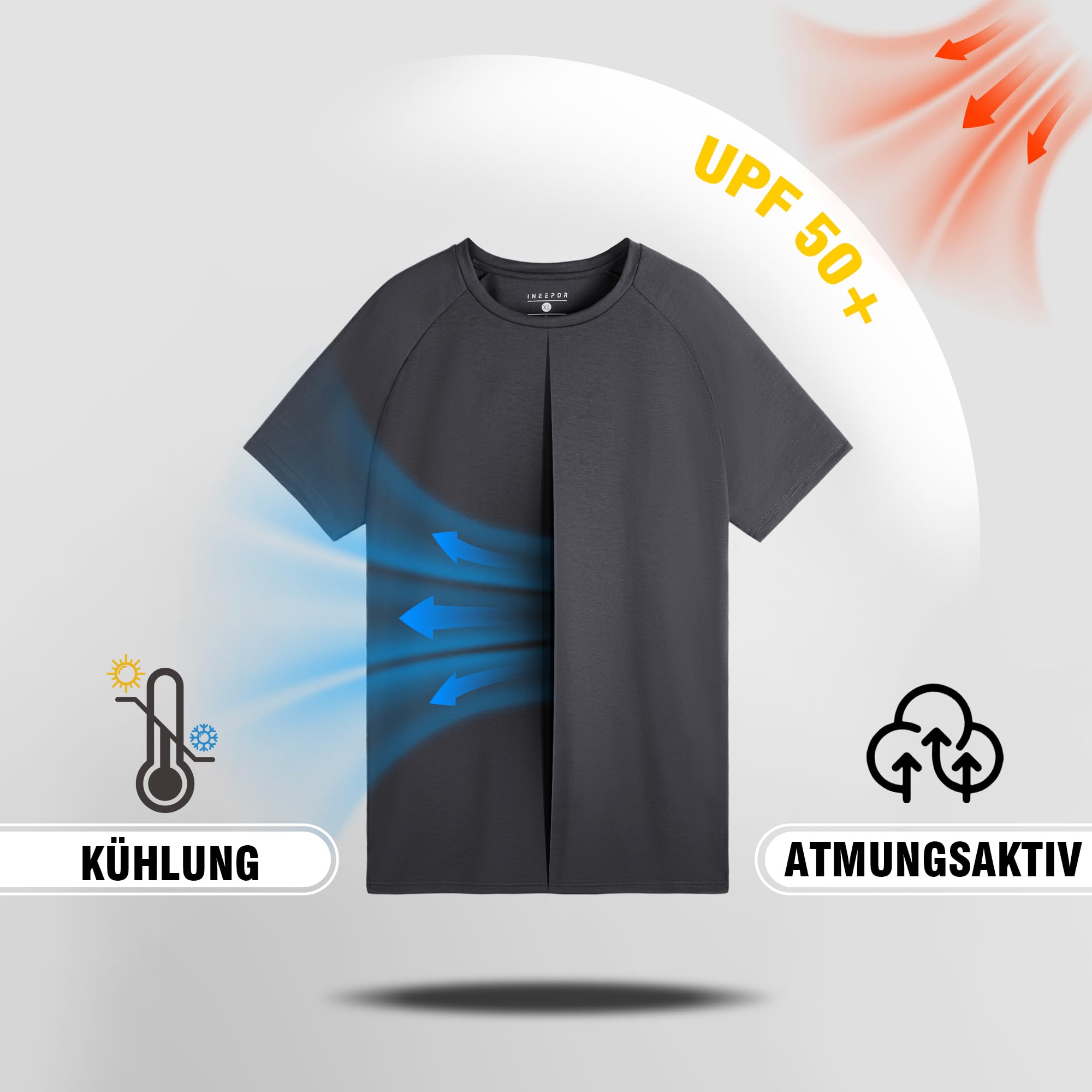 ineepor Merino Shirt Herren Slim Fit Extra lang Kurzarm Funktionsshirt Sportshirt Wandershirt UPF 50+ Kühlung Atmungsaktiv Schnelltrocknend Geruchshemmend Anti Schweiß Unterhemd, Gym Fitness Trekking 3