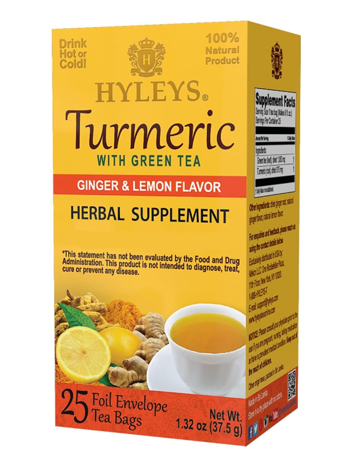 Hyleys Ginger Turmeric Tea Lemon Flavor - 25 Tea Bags (6 Pack - 150 Tea Bags Total) - Wellness Herbal Supplement Green Tea Image