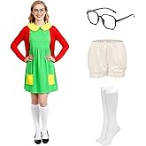 DreamJ Halloween Costume for Womens 5 PCs,Green Dresses Red Knit Cardigan Shorts Glasses Socks for Halloween Cosplay