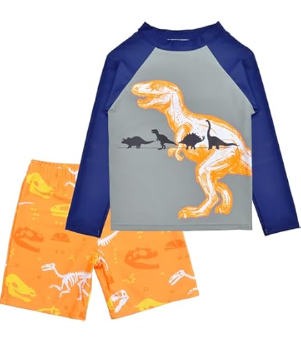 Maillot De Bain Garçon 2 Pièces Manches Longues Anti-UV - Imprimé Dinosaure Lettre - Séchage Rapide Pour Plage Piscine - 4
