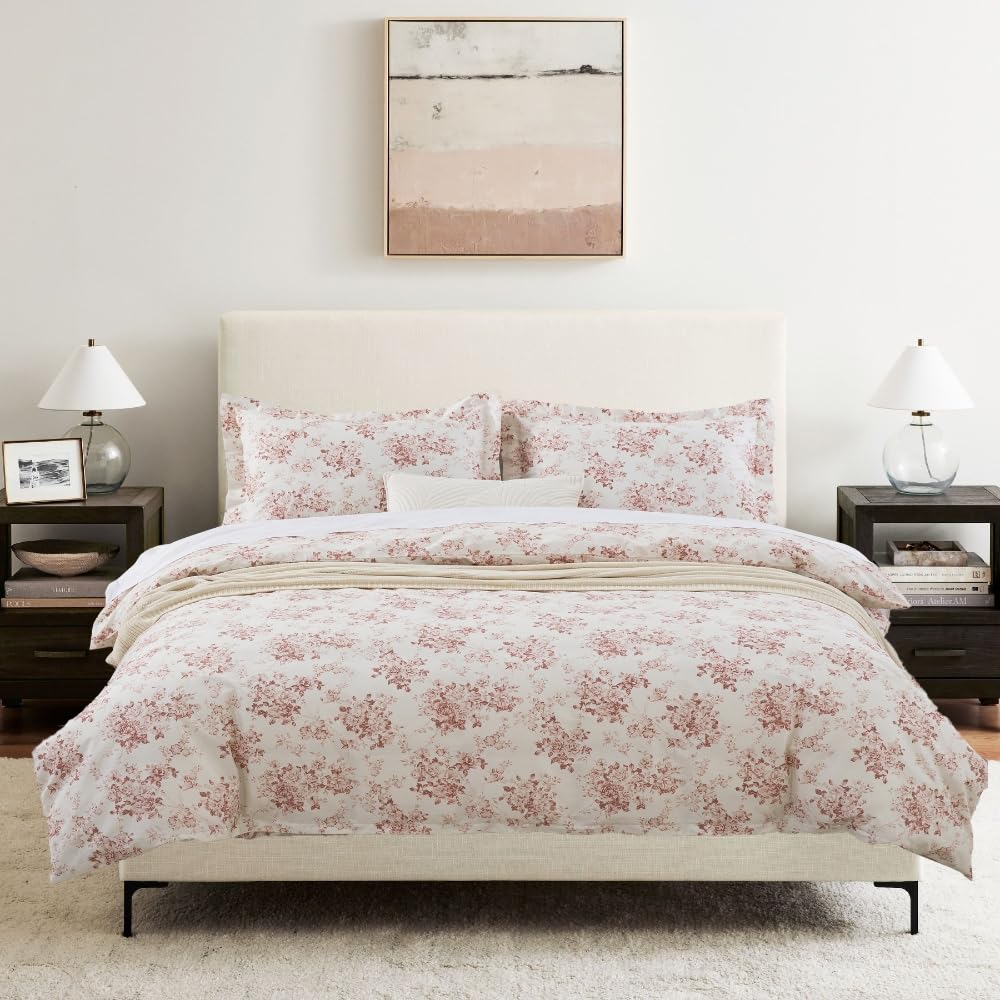 Photo 1 of ***SEE NOTES***DAUAOTO Duvet Cover Queen Size Set - 90"x90" Cover + 2 Shams, 100% Cotton Print Bedding Sets, Toile Rose Floral Pattern, Pale Red