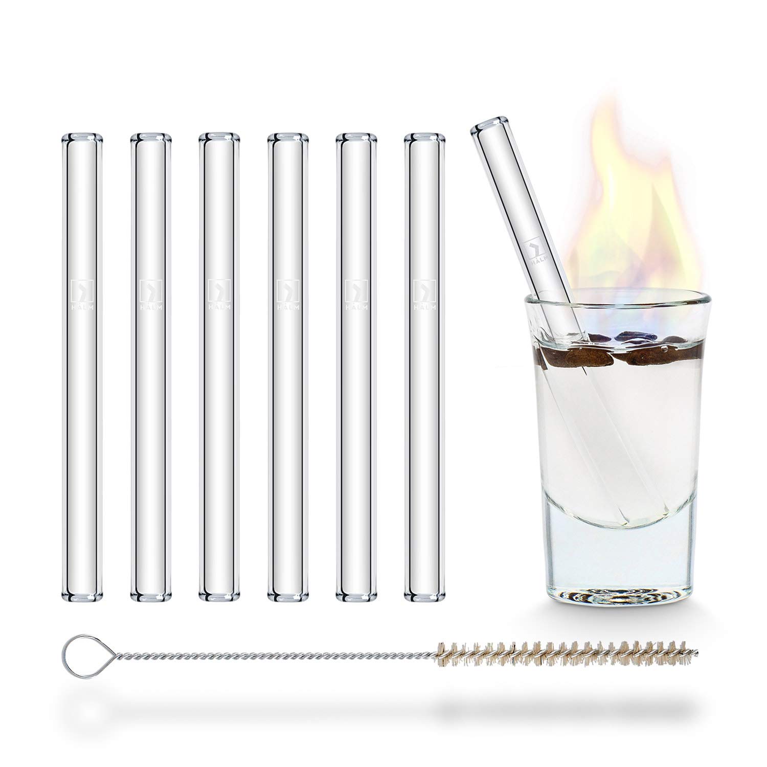 Halm Glass Drinking Straws Reusable Sippers - 6 Pieces Short Straight 10 cm + Plastic-Free Cleaning Brush - Dishwasher Safe - Sustainable - Glass Sippers for Shot Glasses