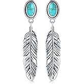 Sterling Silver Turquoise & Malachite Feather Dangle Stud Earrings - Hypoallergenic Western Style - Vintage Eagle Feather Drop Ear Studs for Women