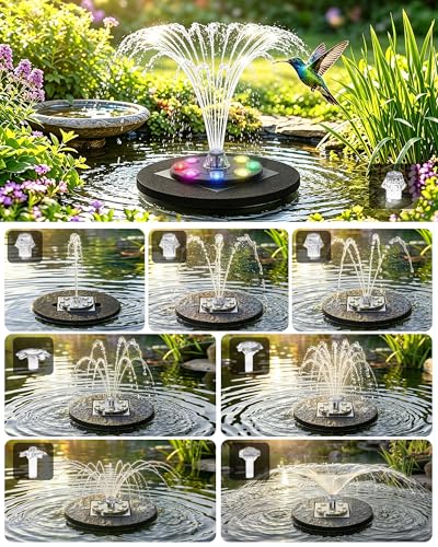 Boadw Fuente Solar para Exteriores 8W con batería 1800mAh –Bomba de Estanque Solar, Ideal para abrevadero de pájaros, pequeño Estanque y Juegos de Agua – 10 Estilos de Chorro y 8 LED de Colores