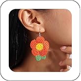 Xduargs Boho Daisy Flower Dangle Earrings Vintage Braid Flower Earrings Red Crochet Flower Hook Earrings Knitted Flower Drop Earrings Jewelry for Women